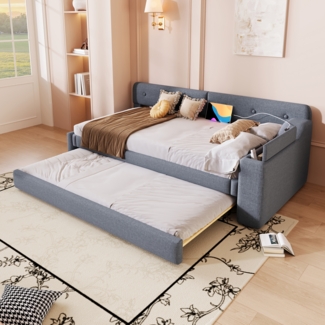 Schlafsofa 90x200 cm mit ausziehbarem Rollbett,USB & Type-C Anschlüsse, Daybett/Tagesbett aus Leinen und MDF,Sofa mit Klapp-Staufach,Grau