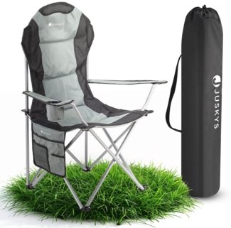 Juskys Campingstuhl Lido mit Getränkehalter & Tasche - Camping Klappstuhl gepolstert - Faltstuhl Angelstuhl Strandstuhl Chair - Stuhl Grau