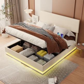 LVHOM Polsterbett mit USB-Anschluss und LED-Beleuchtung, Nadelstreifen Bettgestell, Polsterbett/Doppelbett/Stauraumbett/Boxbett, Weicher, hautfreundlicher Samtstoff, Integriertes Hydrauliksystem, 140 x 200 cm