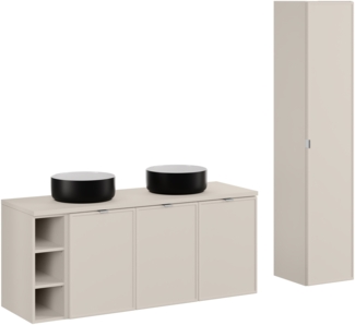 Badmöbel-Set 140 cm mit einer Waschtischplatte, zwei Simple-Aufsatzwaschbecken und einem Hochschrank (46x140cm), Kaschmir matt
