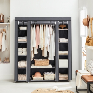 Stoffschrank XXL mit Kleiderstange, Stoff, Metall, Kunststoff, Grau, 175 x 150 x 45 cm