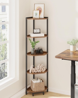 Eckregal, 5-stöckiges Bücherregal, Standregal, Lagerregal, Eck-Bücherregal, Geeignet für Wohnzimmer, Arbeitszimmer und Büro, 30 x 30 x 136 cm, Vintagebraun-Schwarz