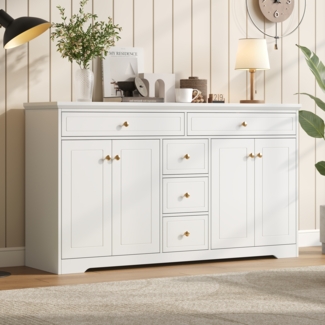 Sideboard, Kommode mit 5 Schubladen, verstellbaren Einlegeböden, 4 Türen, Beistelltisch, MDF, Weiß, 150 x 40 x 85 cm