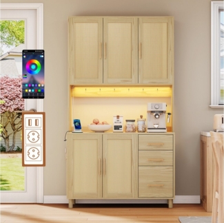 Flieks Küchenbuffet mit LED-Beleuchtung, Steckdosen und Haken (Buffet mit Rattantüren und Schubladen, 1-St, B100/T40/H183 cm) Hochschrank Küchenschrank Geschirrschrank mit verstellbare Ablagen