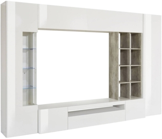 Dmora Ausgestattete Wand Andy, TV-Ständer-Wohnzimmerset, Mehrzweck-Wohnzimmermöbel mit LED-Licht, 100 % Made in Italy, 290 x 40 x 192 cm, glänzendes Weiß und Beton,