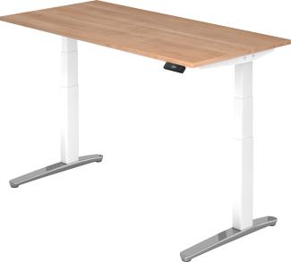 bümö® Sitz- & Stehschreibtisch Serie-XBHM elektrisch höhenverstellbar mit Memoryfunktion, Tischplatte 160 x 80 cm in Nussbaum, Gestell in weiß / aluminium poliert