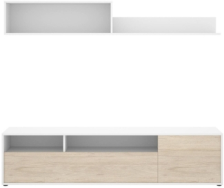 Dmora Wohnzimmermöbel Jelawat, Modulares Wohnzimmerset, Mehrzweck-Wohnzimmermöbel, Moderner TV-Schrank, 180x35 h44 cm, Weiß und Eiche