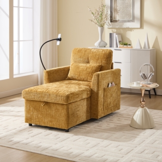 Loungesofa mit integriertem Handyhalter, großem Stauraum & Seitentaschen, Chenille Stoff-Sessel mit gepolsterten Kissen,Gelb