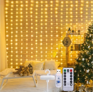 Jibenhome LED-Lichterkette USB LED Lichtervorhang 100/200/300 LEDs Wasserfall-Lichterkette, 8 Modi, mit Fernbedienung Weihnachtsbeleuchtung für Fensterdekoration