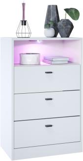 Vladon Kommode Pino V2, Anrichte mit 3 Schubladen & 1 offenem Fach, Weiß matt/Weiß matt (56 x 86,5 x 36 cm), mit RGB LED-Beleuchtung