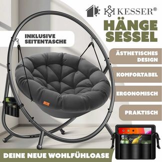 KESSER® Hängesessel mit Gestell BALI Hängeschaukel Hängestuhl bis 150kg für Indoor und Outdoor + Kissen & Seitentasche Hängekorb Stahlgestell & Schaumstoff Sitzpolster ideal für Wohnzimmer & Garten Anthrazit