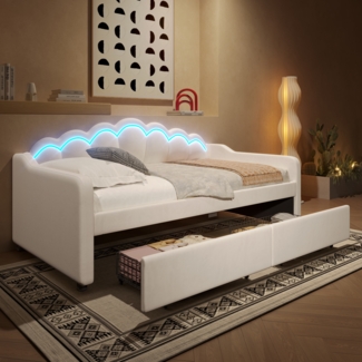 Merax Daybett, 90x200cm, Kinderbett, Einzelbett, Tagesbett mit Schubladen, Schlafsofa, (ohne Matratze), Samt, Farbwechselbarer LED-Streifen, Beige