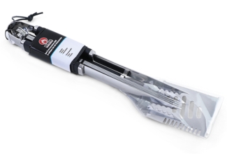 Premium Edelstahl BBQ Grillzange Multiwender 4 Spiesse Grillbesteck 6-teilig