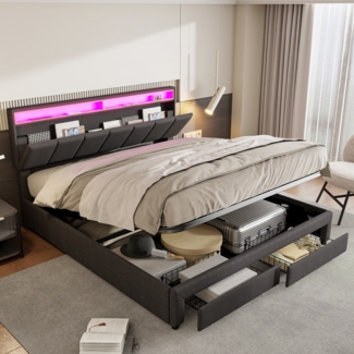 Polsterbett 140x200 cm Doppelbett mit LED-Beleuchtung,hydraulisches Boxspringbett mit Bettkasten,Schubladenund und Lattenrost,Bett Jugendbett Erwachsenbett Funktionsbett aus Leinen, grau