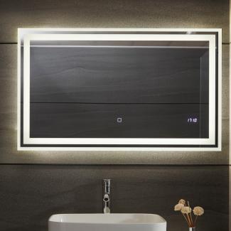 Aquamarin® LED-Badspiegel Beschlagfrei, Dimmbar, Energiesparend & Digitaluhr/Datum, 3000-7000K, 100x60 cm,