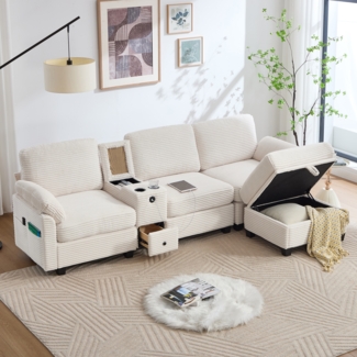 Flieks 3-Sitzer Schlafsofa, Ecksofa, Großes Cord-Sofa mit 2 Cup-Halter + Stauraum, USB-C-Anschluss, Seitentasche, Stauschublade, beweglicher Stau-Ottoman, Beige