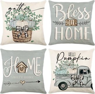 Herbst Kissenbezüge 45×45 cm 4er-Set Blau-Weiße Kürbisse, “Bless Our Home”, Outdoor & Couch, Thanksgiving