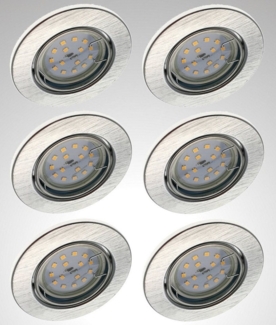 TRANGO LED Einbauleuchte, 6729-069GUSDAK 6er Set LED Deckenstrahler in Aluminium-Optik Rund inkl. 6x 5 Watt 3-Stufen dimmbar GU10 LED Leuchtmittel 3000K warmweiß leuchtend, Einbaustrahler, Einbauspot, Deckenleuchte, Deckenspots