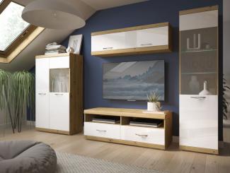 Wohnwand Essen Anbauwand 3-teilig 278x48x195cm Artisan Eiche MDF weiß Hochglanz