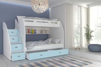 AJKmeble Hochbett Etagenbett 90x200 / 120x200 cm mit Treppe und Ausziehbett Hochglanz (MADE IN EU - wählbar in Farben weiß, blau, grün, rosa oder grau, für Jungen und Mädchen, Jugendbett) Treppe beidseitig montierbar