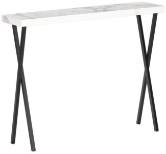 Wohnando Couchtisch Konsolentisch "Apollo", 100x25x80cm weißes Mamordekor, Flurtisch, schwarz Metallbeine, Ablagetisch Flur, Wohnzimmer Sideboard