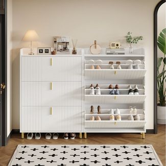 Merax Schuhschrank mit 3 Klappen, verstellbaren Regalen und Ablage (2-St) Schuhregal Schuhkommode mit goldenen Akzenten, mattweiß