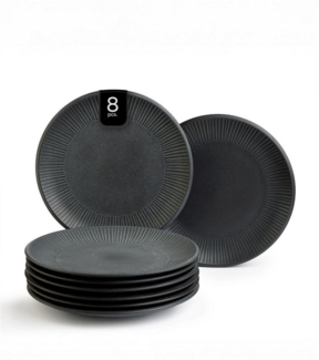 Home4You Speiseteller 8er Set, Schwarz, Ø 27 cm, Steingut, mit linienförmiger Reliefprägung