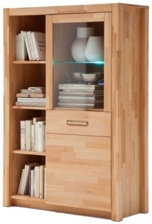 Massivart® Highboard Fenja 98 cm Breite/ Massivholz Kernbuche geölt, 1 Tür mit Glaseinsatz / 5 Einlegeböden / 1 Glasboden mit Beleuchtung