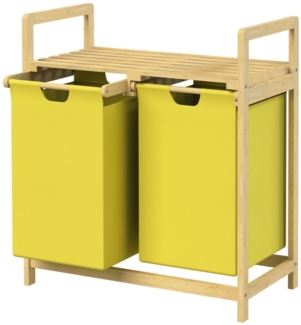 ML-DESIGN Wäschekorb Wäschebox mit 2 Fächern aus Bambus und Stoff für Badezimmer, Wäschesäcken 60L mit Stabiles Holzgestell Gelb 73x63x33cm Wäschetruhe