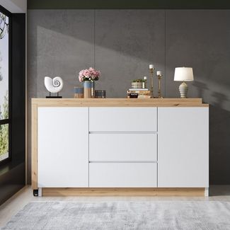 Merax Schreibtisch 2-in-1 Sideboard & Arbeitstisch (120×50×76,5 cm, 1-St, multifunktionaler Bürotisch Kommode in Weiß/Eiche), Eckschreibtisch mit 360° drehbarer Tischplatte, 2 Türen & 3 Schubladen