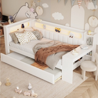 Flieks Daybett, Polsterbett 90x200cm mit Ausziehbett 90x190cm, USB, LED, Schreibtisch