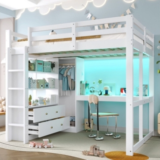 STILVORA Hochbett 140x200 mit Schreibtisch,Jugendbett Stauraumbett mit LED-Licht&USB (mit Unterbettschreibtisch, 2 Schubladen & Regale – platzsparend, 1-St, 140x200) LED-Licht und USB