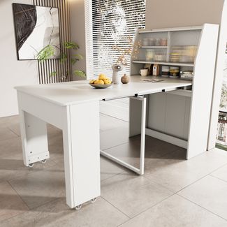 Teleskop-Esstisch ausziehbar 52–132,5cm,abnehmbare Mittelplatten, Glasvitrine, kompakter Esstisch und Schrank in einem