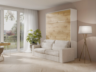 Vente-unique - Schrankbett + Sofa + Matratze - 140 x 200 cm - Manuelle vertikale Öffnung - Mit LED-Beleuchtung - Weiß & Holzfarben - RAPILI