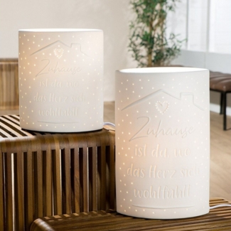 GILDE Schreibtischlampe Tischleuchte Zuhause Weißes Porzellan mit Herzlichen Spruch