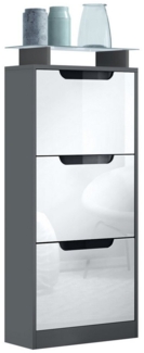 Vladon Schuhschrank Space V2 (Schuhkipper, für 12 Paar Schuhe mit 3 Klappen und Glasablage) Anthrazit matt/Weiß Hochglanz (46 x 128 x 23 cm)