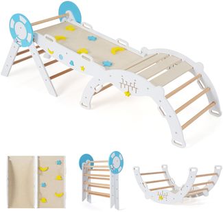 3er Set Klettergerüst mit Rutsche & Kletterbogen & Baustein Set Klappabres Kletterdreieck Weiß