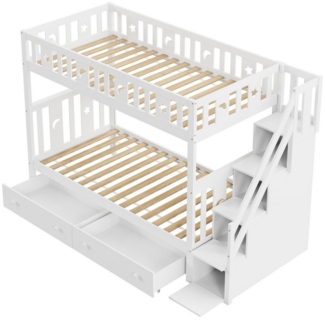 i@home Etagenbett Kinderbett, Massivholz-Etagenbett mit Sicherheitstreppe (90*200 cm, Ausziehbett 90*190 cm), mit Sicherheitstreppe, Ablagetreppe, Lattenrost, Weiß