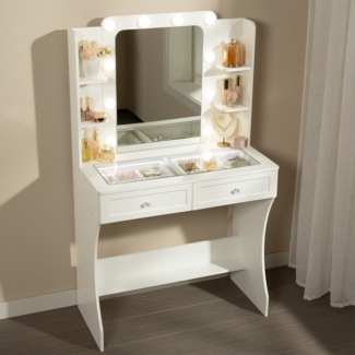 Woltu Schminktisch, mit LED-Beleuchtung Hollywood und Spiegel, mit Ablagefächern