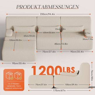 Lexzurn Ecksofa Ecksofa mit Schlaffunktion 250 x 170 x 76 cm, L-förmige Couch aus Cord, Memory-Schaumstoff, Tiefer Sitzfläche, Modulares Sofa mit Chaiselongue für Wohnzimmer und Schlafzimmer