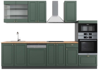 Küchenzeile Fame-Line Grün-Gold Landhaus/Anthrazit 300 cm mit Hochschrank, AP Eiche Vicco