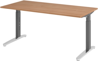 bümö manuell höhenverstellbarer Schreibtisch 160x80 in Nussbaum, Gestell in graphit/alu - PC Tisch höhenverstellbar & groß, höhenverstellbarer Tisch Büro, großer Computertisch verstellbar, X16-N-GC
