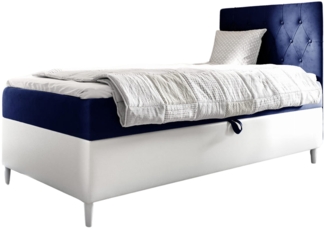 MEBLINI Kinderbett mit Bettkasten FILIPPO 1 90x200 Rechts – H3/Blau Samt Gepolstert Einzelbett mit Matratze - Polsterbett mit Stauraum - Bett mit Kopfteil – Stauraumbett