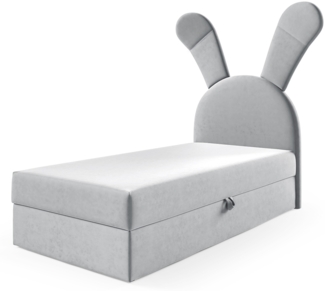 MEBLINI Kinderbett mit Bettkasten KANINCHEN 100x200 Rechts – H3/Hellgrau Samt Gepolstert Einzelbett mit Matratze - Polsterbett mit Stauraum - Bett mit Kopfteil – Stauraumbett