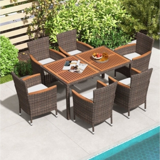 COSTWAY Garten-Essgruppe, (7 tlg), Tisch & 6 Stühle mit Kissen, Gartenlounge Set Rattan, Akazien