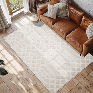 Teppich Wohnzimmer Kurzflor Beige 200x290cm Ornament Vintage mit Hoch-Tief-Effekt, 3D Effekt, Weich