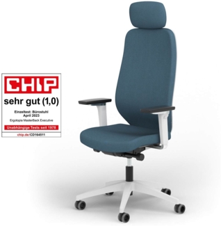 Ergotopia MasterBack Pro I Ergonomischer Bürostuhl I Inkl. Synchronmechanik I Verstellbarere Kopfstütze & 5fach-verstellbare Armlehnen I Blau - Weiß