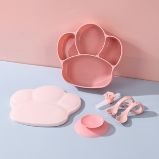 Rosa 6-teiliges Baby-PP-Essgeschirr-Set, Kindergeschirr-Set, integrierte Fächer, Baby-Silikon-Trinkbecher, Strohhalm und Übungslöffel.