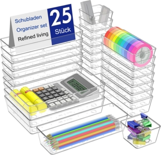 Refined Living Organizer Schubladen-Organizer-Set, Schubladen Ordnungssystem, Make Up Organizer (25 St), für Kosmetika, Schmuck, Besteck, Bürobedarf für Küche, Bad, Büro