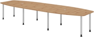 bümö Konferenztisch oval 400x130 cm großer Besprechungstisch in Asteiche, Besprechungstisch mit Gestell in Silber, Meetingtisch für 14 Personen, XXL-Tisch für Besprechungsraum & Meeting, KT40C-R-S